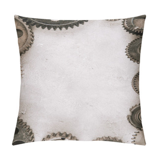 Personality  Frame Of Aged Metal Round Gears On Grey Background With Copy Space Pillow Covers