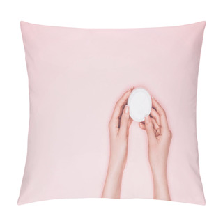 Personality  Cropped Shot Of Woman Holding Opened Can Of Moisturizing Cream Isolated On Pink Pillow Covers