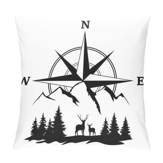 Personality  Vector Illustration Of Deer In The Forest, Mountains At The Background With Compass Rose. Pillow Covers