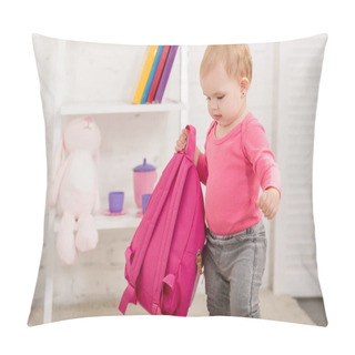 Personality  Adorable Kid In Pink Shirt Carrying Pink Bag In Children Room Pillow Covers