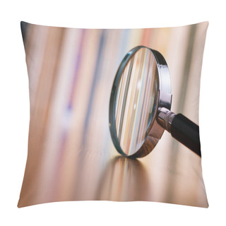 Personality  Close Up Magnifying Glass Leaning On Wooden Table Pillow Covers