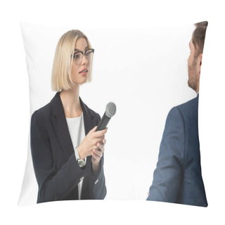 Personality  Blonde Newscaster Taking Interview From Businessman Isolated On White Pillow Covers