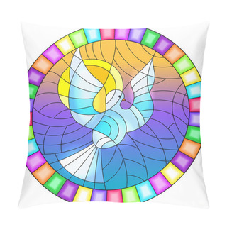 Personality  Illustration In Stained Glass Style With A  White Dove On The Background Of The Daytime Sky And Clouds, Oval Picture In A Bright Frame Pillow Covers