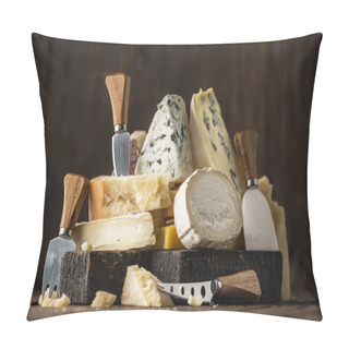 Personality  Assortment Of Different Cheese Types On Wooden Background. Chees Pillow Covers