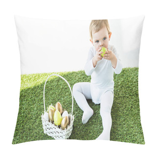 Personality  Cute Child Holding Yellow Kitchen Egg Near Face While Sitting Near Straw Basket With Easter Eggs Isolated On White Pillow Covers