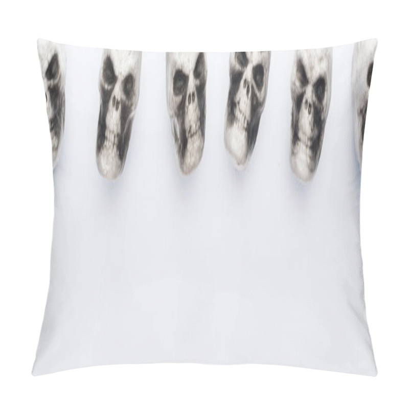 Personality  Top View Of Decorative Skulls On White Background With Copy Space, Panoramic Shot Pillow Covers