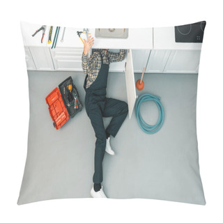 Personality  High Angle View Of Plumber Lying On Floor, Checking Sink And Taking Tools In Kitchen Pillow Covers