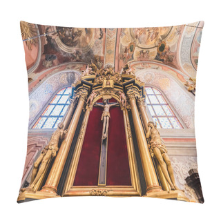 Personality  LVIV, UKRAINE - OCTOBER 23, 2019: Low Angle View Of Gilded Sculptures, Stained Glass Windows And Paintings In Carmelite Church Pillow Covers