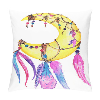 Personality  Moon Dream Catcher With Different Interweaving Of Ropes And Beads, With Colorful Feathers. Unusual Item In Boho Style. Watercolor Illustration For Prints, Cards, Posters, Design. Pillow Covers