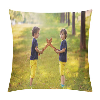 Personality  Two Little Boys, Holding Swords, Glaring With A Mad Face At Each Pillow Covers