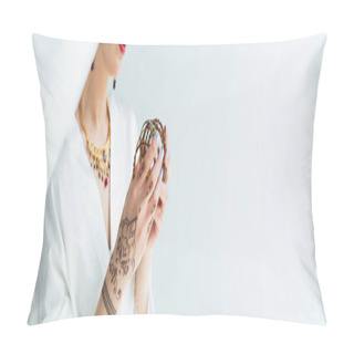Personality  Cropped View Of Young Indian Bride Holding Bracelets On White, Banner Pillow Covers