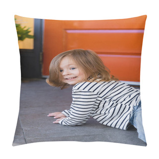 Personality  Happy Toddler Girl Crawling On Porch At Backyard Against House  Pillow Covers