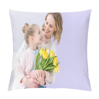 Personality  Cute Child Embracing Mother With Tulips Bouquet On 8 March Pillow Covers