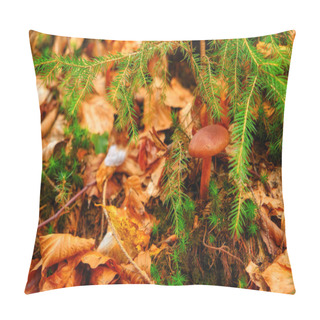 Personality  Tiny Mushrooms Emerges Amidst The Autumnal Tapestry Of Fallen Leaves And Vibrant Green Grass.  Pillow Covers