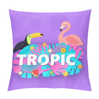 Personality  Word TROPIC Composition With Creative Pink Blue Jungle Leaves Fruits Toucan Flamingo On Purple Background In Paper Cut Style. White Letters For Banner, Flyer T-shirt Printing. Vector Illustration. Pillow Covers
