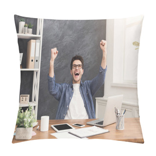 Personality  Young Happy Businessman In Office With Computer Pillow Covers