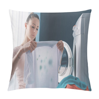 Personality  Disappointed Woman Standing Next To The Washing Machine And Holding Stained Clothes Pillow Covers