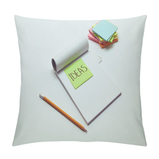 Personality  Paper Sticker With Word Ideas In Notebook, Pencil And Pile Of Note Papers On White Tabletop Pillow Covers