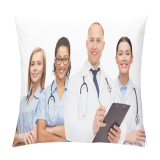 Personality  Group Of Smiling Doctors With Clipboard Pillow Covers