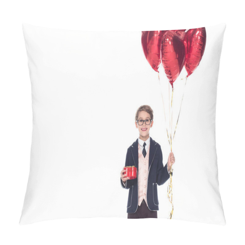 Personality  Cute Little Boy In Suit And Eyeglasses Holding Red Heart Shaped Balloons And Gift Box Isolated On White Pillow Covers