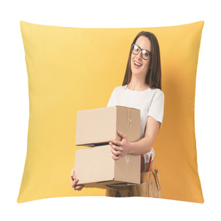 Personality  Smiling Repairwoman Holding Boxes And Looking At Camera On Yellow Background  Pillow Covers