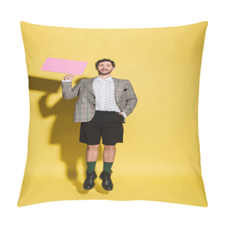 Personality  Smiling And Stylish Man Holding Speech Bubble And Jumping On Yellow Background  Pillow Covers