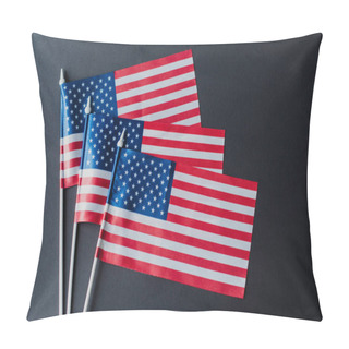 Personality  Top View Of Three Flags Of America With Stars And Stripes Isolated On Black  Pillow Covers