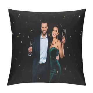 Personality  Portrait Of His He Her She Nice Well-dressed Fascinating Attractive Classy Glamorous Luxurious Smart Cheerful Glad Positive Two Person Flying Decorative Elements Rejoice Isolated On Black Background Pillow Covers