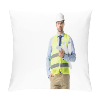 Personality  Handsome Architect In Reflective Vest And Helmet Holding Blueprints Isolated On White Pillow Covers