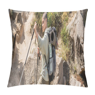 Personality  Short Haired Woman Traveler In Casual Clothes With Backpack Holding Trekking Poles While Standing Near Hill With Stones At Background, Tranquil Hiker Finding Inner Peace On Trail, Banner  Pillow Covers