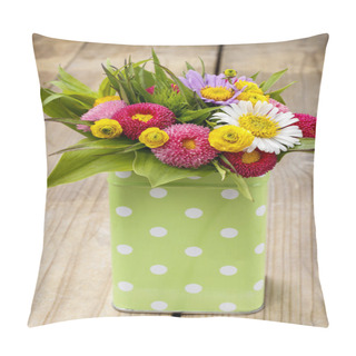 Personality  Bouquet Of Colorful Wild Flowers In Green Dotted Can Pillow Covers