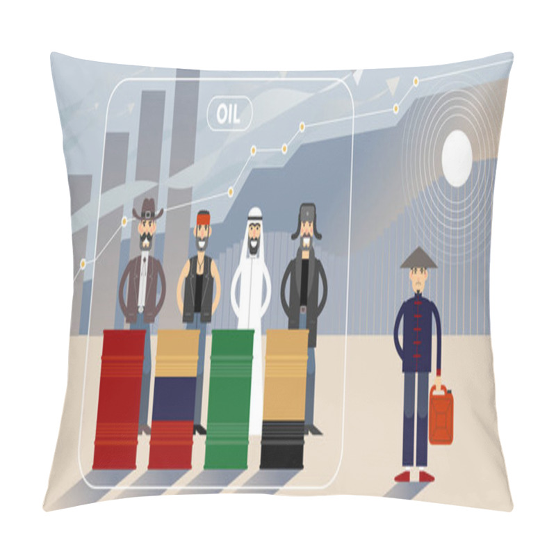 Personality  Oil Price Growth Chart Illustration With Different National Character Personages Pillow Covers