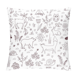 Personality  Forest Seamless Pattern With Cute Bear, Fox, Hedgehog, Birds, Bees, Butterflies, Mushrooms, Owl, Snail, Deer, Hear, And Raccoon In Cartoon Style. Kids Background Pillow Covers