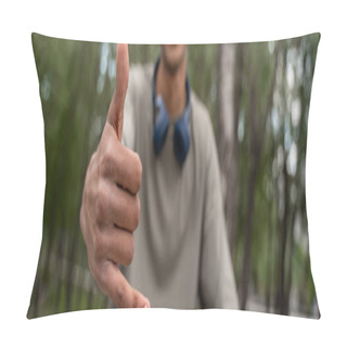 Personality  Cropped View Of Blurred African American Man Showing Hang Loose Gesture, Banner Pillow Covers