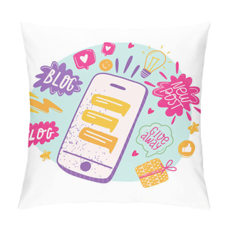 Personality  Blogger Set Design. Cute Speech Bubbles With Keywords Vlog, Blog, New Post, Follow, Give Away And Social Icons. Vector Cartoon Illustration. Pillow Covers