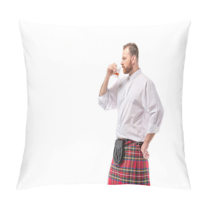 Personality  Scottish redhead man in red kilt smelling whiskey isolated on white pillow covers