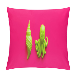 Personality  Top View Of Bright Green Shellfish And Octopus Toys On Pink Background, Banner Pillow Covers