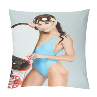 Personality  Sexy Sportswoman In Blue Swimwear And Ski Goggles Leaning On Snowboard Isolated On Grey  Pillow Covers