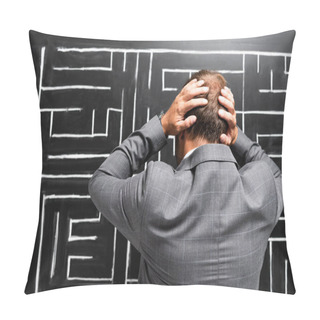 Personality  Back View Of Sad Businessman In Suit Looking At Labyrinth And Touching Head  Pillow Covers
