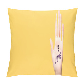 Personality  Panoramic Shot Of Woman With Is Love Lettering On Hand Isolated On Yellow Pillow Covers