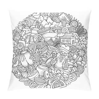 Personality  Ukraine Cartoon Raster Doodles Round Illustration. Ukrainian Symbols, Elements And Objects Background. Sketchy Funny Picture. Pillow Covers