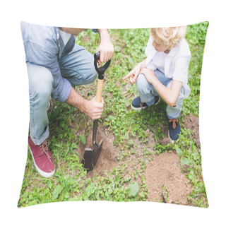 Personality  Cropped View Of Father Digging Ground With Shovel Near Son For Planting Seedling In Park Pillow Covers