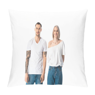 Personality  Happy Young Tattooed Couple Isolated On White Pillow Covers