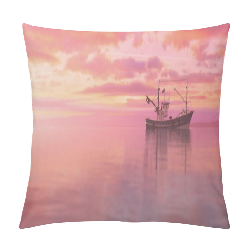 Personality  3d illustration of a beautiful sunset at sea with a fishing boat sailing pillow covers
