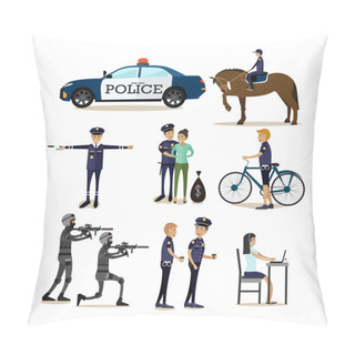 Personality  Vector Flat Icons Set Of Policeman Profession Characters Pillow Covers