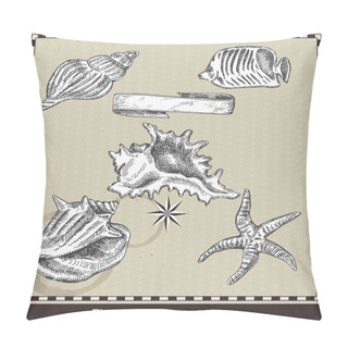 Personality  Set Of Sea Fish,seashell And Starfish. Retro Style Vector Illustration. Isolated On Grey Background Pillow Covers