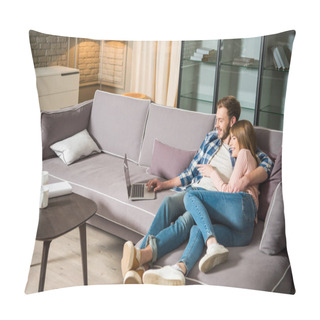 Personality  Happy Couple Hugging Each Other And Having Fun With Laptop In Living Room Pillow Covers