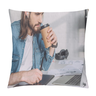 Personality  Bearded Of Animator In Wireless Earphones Holding Paper Cup  Pillow Covers