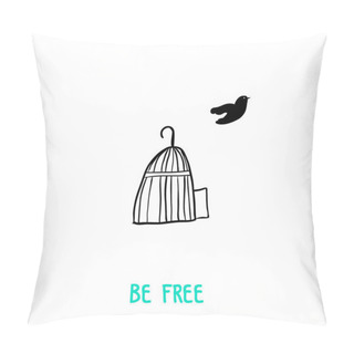 Personality  Be Free Lettering With Bird. Vector Cartoon Illustration. Funny, Cute White Bunny. Scandinavian Design For Interior Children Room, Print Card, Pillow, T-shirt. Pillow Covers