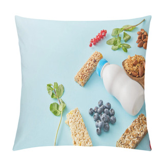 Personality  Bottle Of Yogurt, Berries, Cereal Bars, Leaves Of Mint And Almonds On Blue Background Pillow Covers